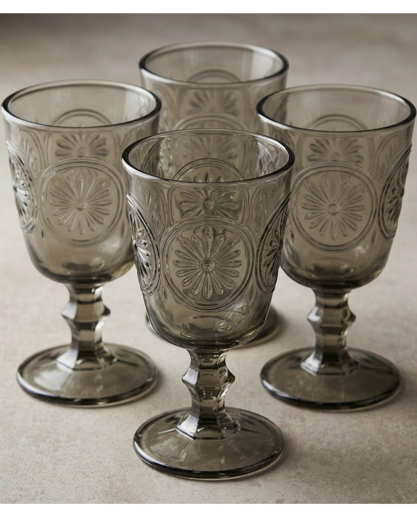 Zuira Smoke Starburst Embossed Glass Goblet Set of 4 260 ml - Detail view