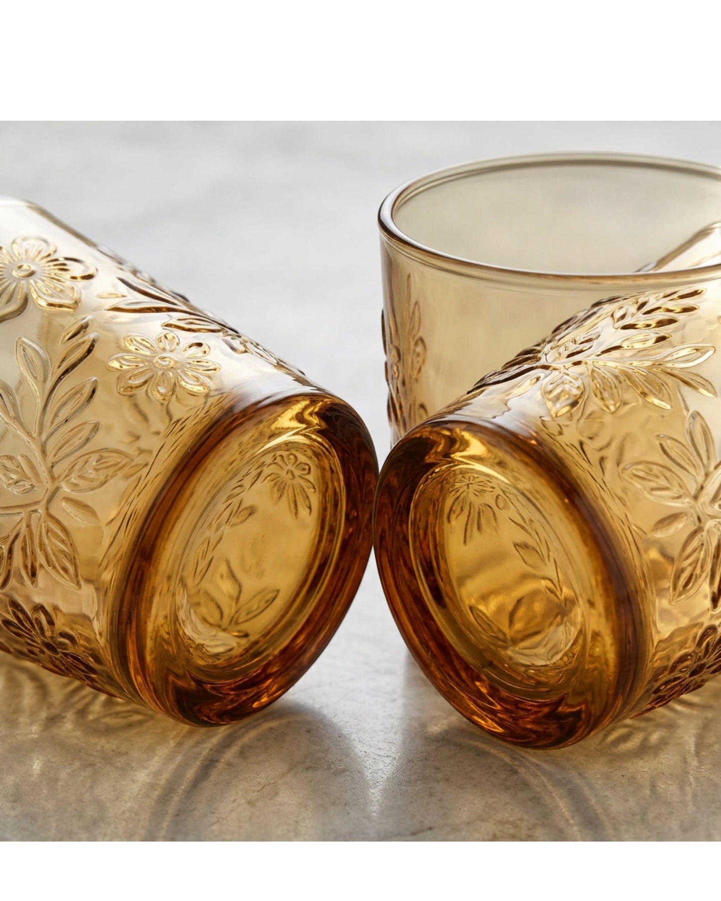 Zuira Amber Floral Embossed Glass Tumbler Set of 2 320 ml - Detail view