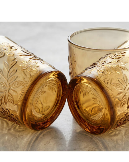 Zuira Amber Floral Embossed Glass Tumbler Set of 2 320 ml - Detail view