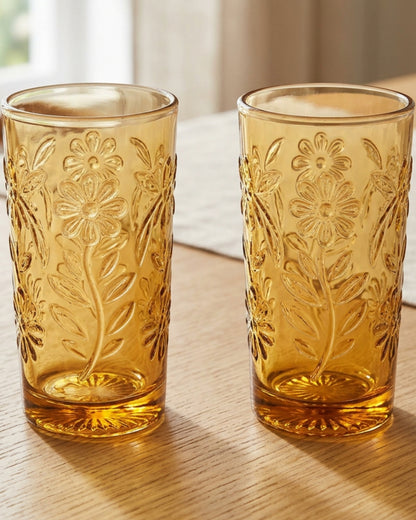 Zuira Amber Floral Embossed Glass Tumbler Set of 2 320 ml - Lifestyle view