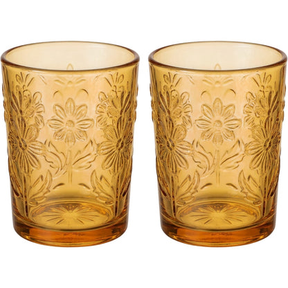 Zuira Amber Floral Embossed Glass Tumbler Set of 2 320 ml - Product view