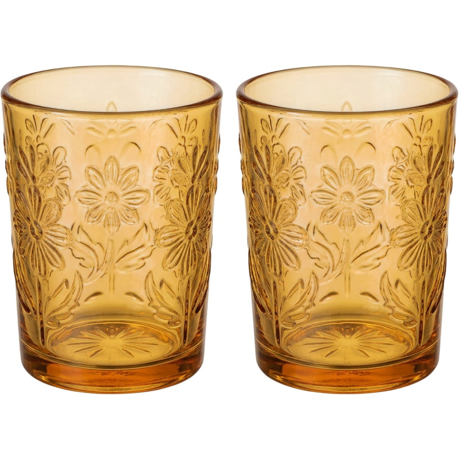 Zuira Amber Floral Embossed Glass Tumbler Set of 2 320 ml