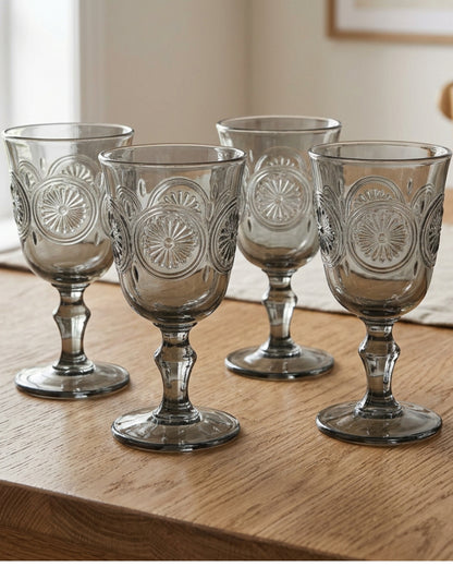 Zuira Smoke Starburst Embossed Glass Goblet Set of 4 260 ml - Lifestyle view