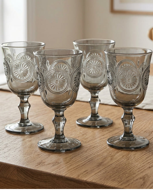 Zuira Smoke Starburst Embossed Glass Goblet Set of 4 260 ml - Lifestyle view