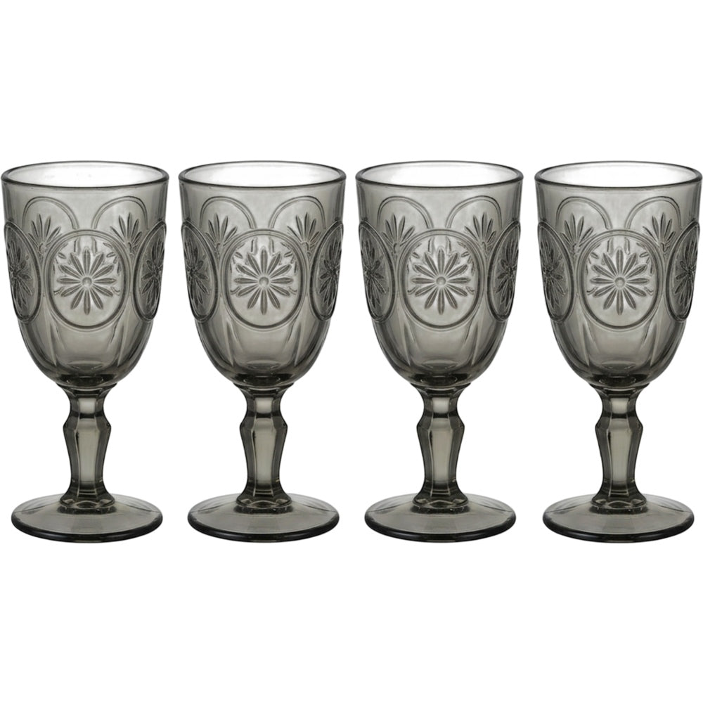 Zuira Smoke Starburst Embossed Glass Goblet Set of 4 260 ml - Product view
